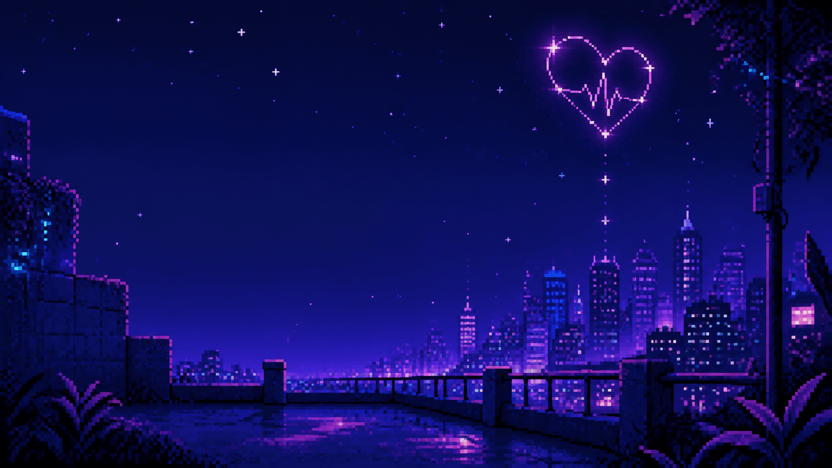 Pixel-art city skyline glowing purple and blue at night